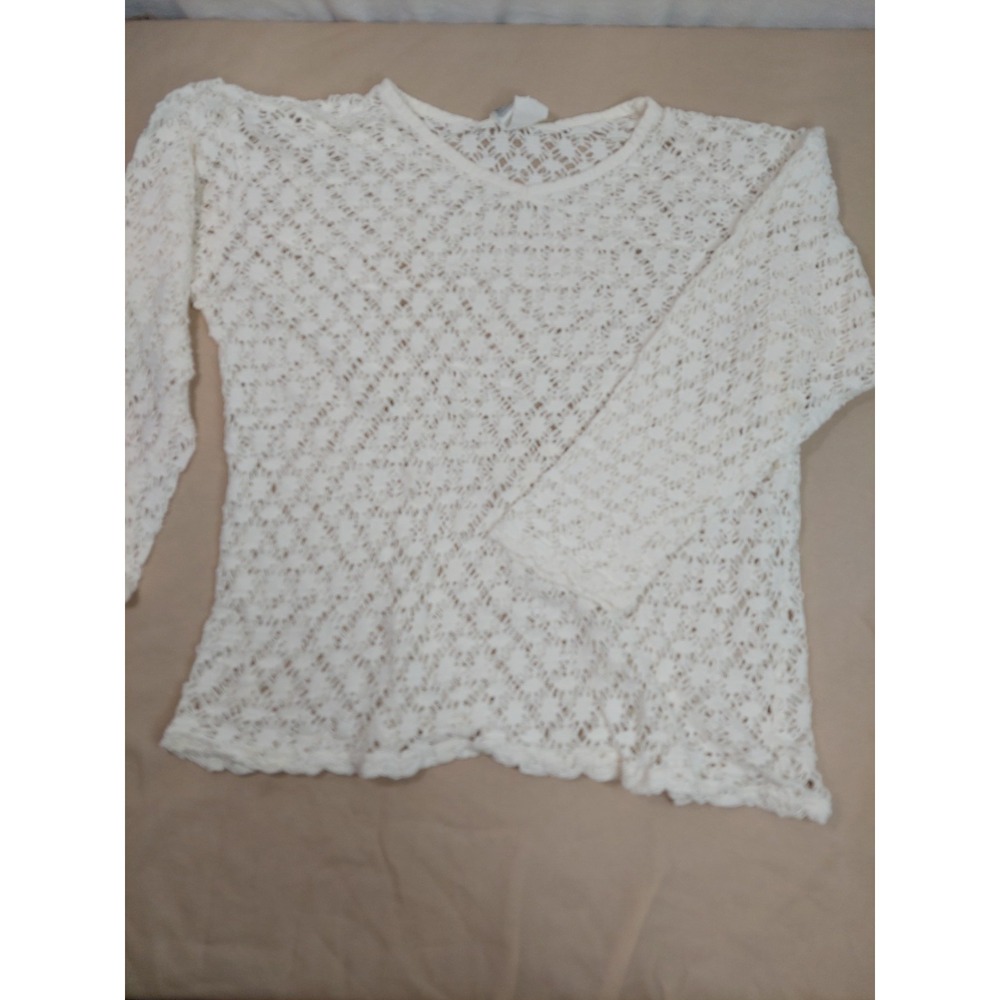 Vintage White Crochet Lace Top Women M L USA Made 100% Cotton Sheer Coquette Tee